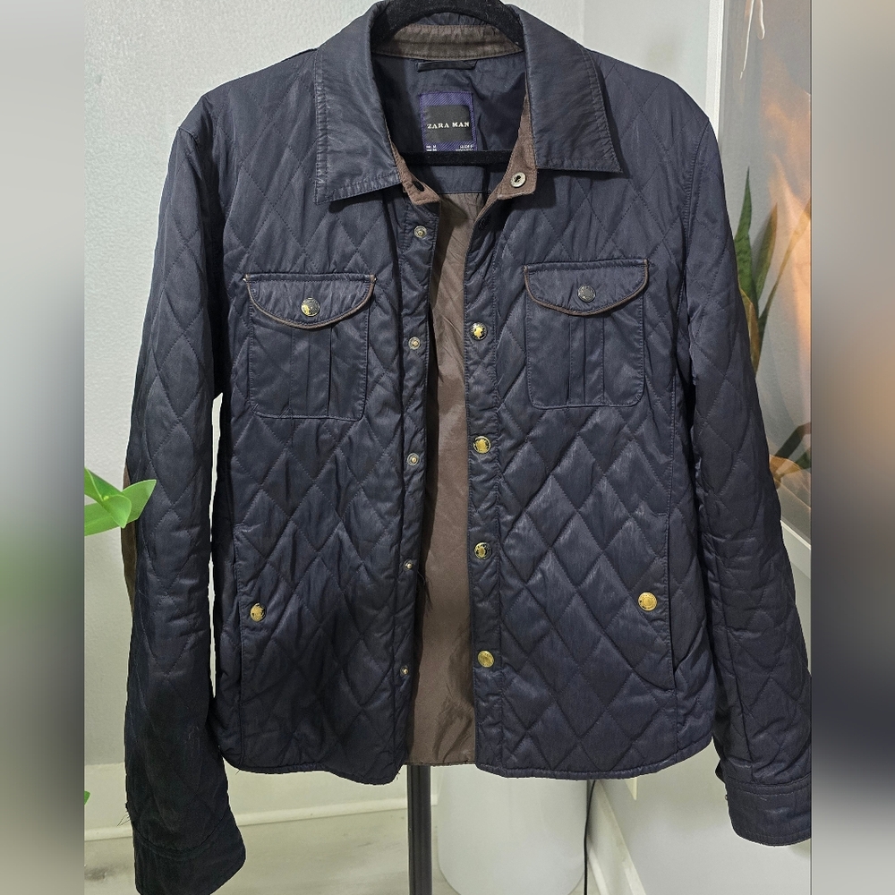 Zara Men's Quilted Navy Jacket with Brown Accents